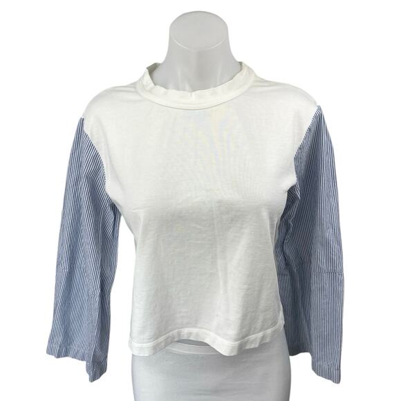 Club Monaco Women's White Blue Striped Long Sleeve Crew Neck Shirt Crop Top Sz S - Picture 1 of 4